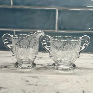 Vintage‎ Cambridge Diane Clear Etched Pressed Glass Sugar Bowl Creamer Set